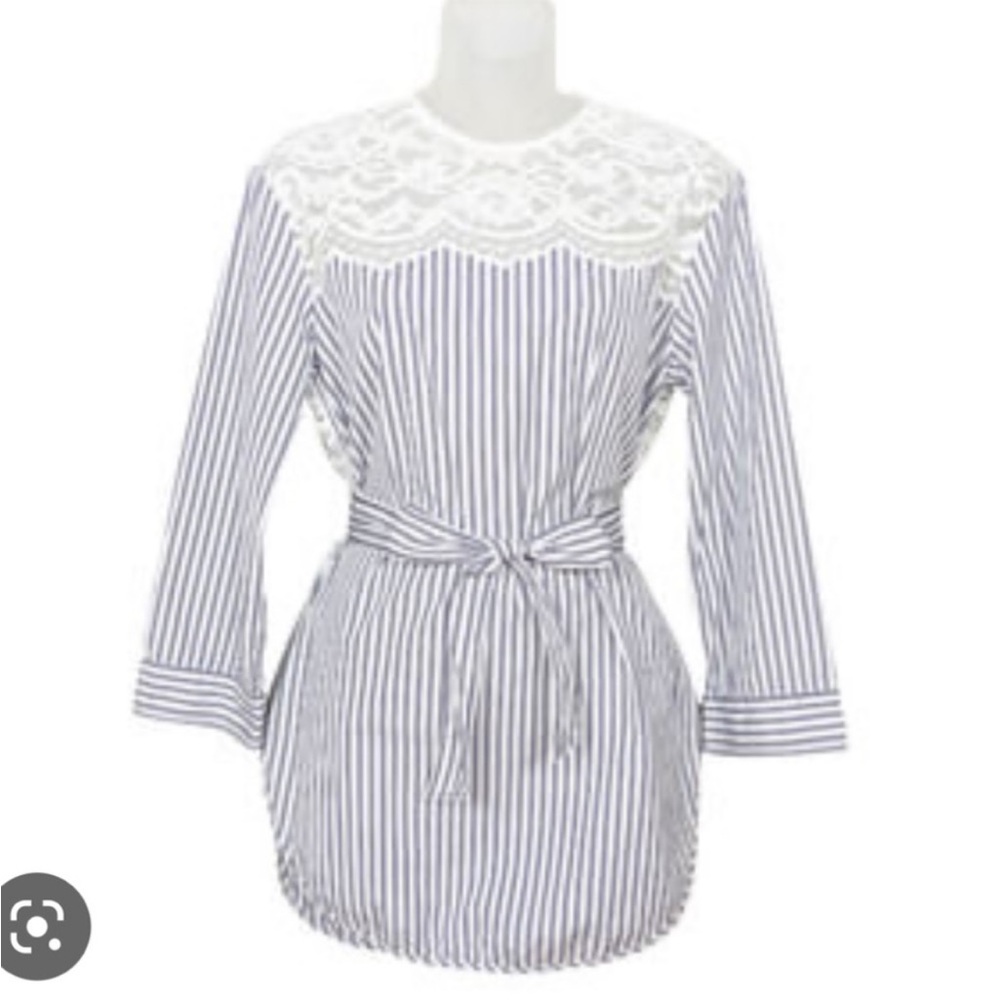 Sandro Paris blue white striped lace tunic, size S